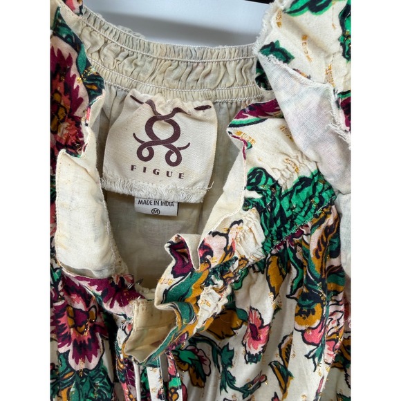 Figue Womens Floral Bird Print Tassel Ruffle Midi Dress Cream Gold Lurex Size M - Picture 3 of 8